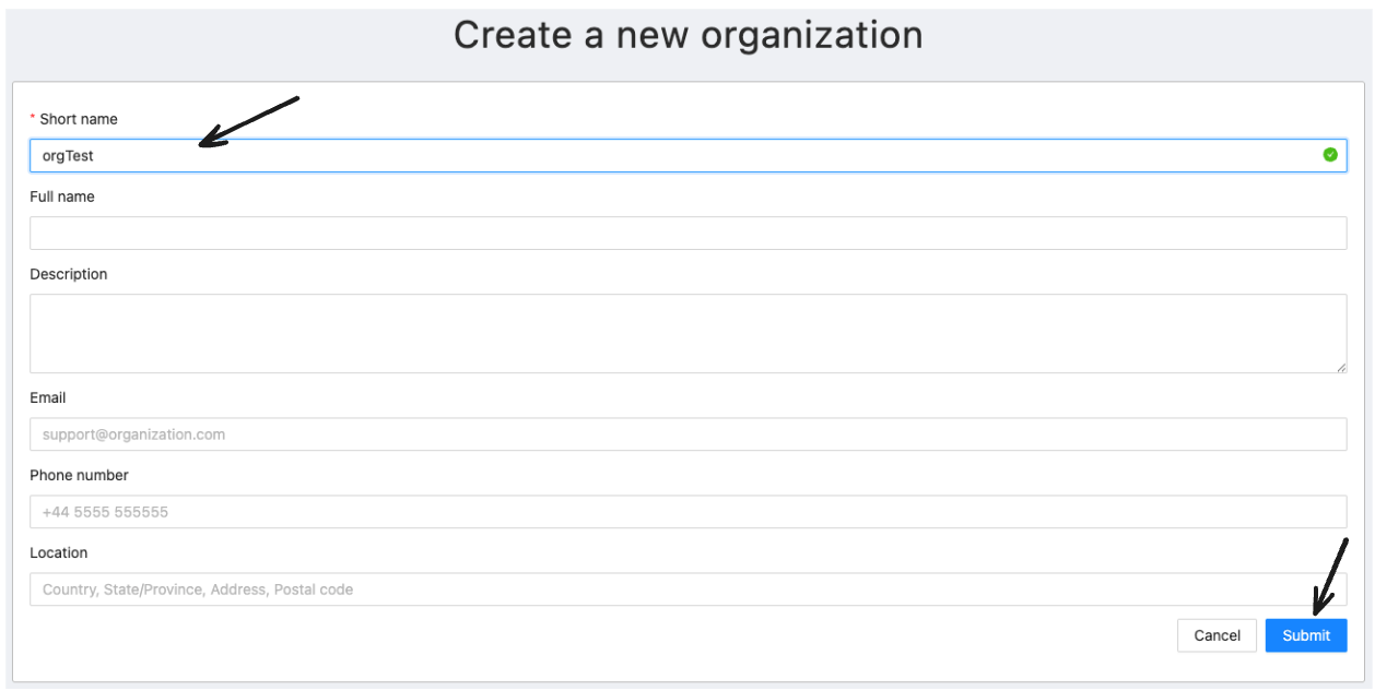 Remplir le formulaire de création d'organisation